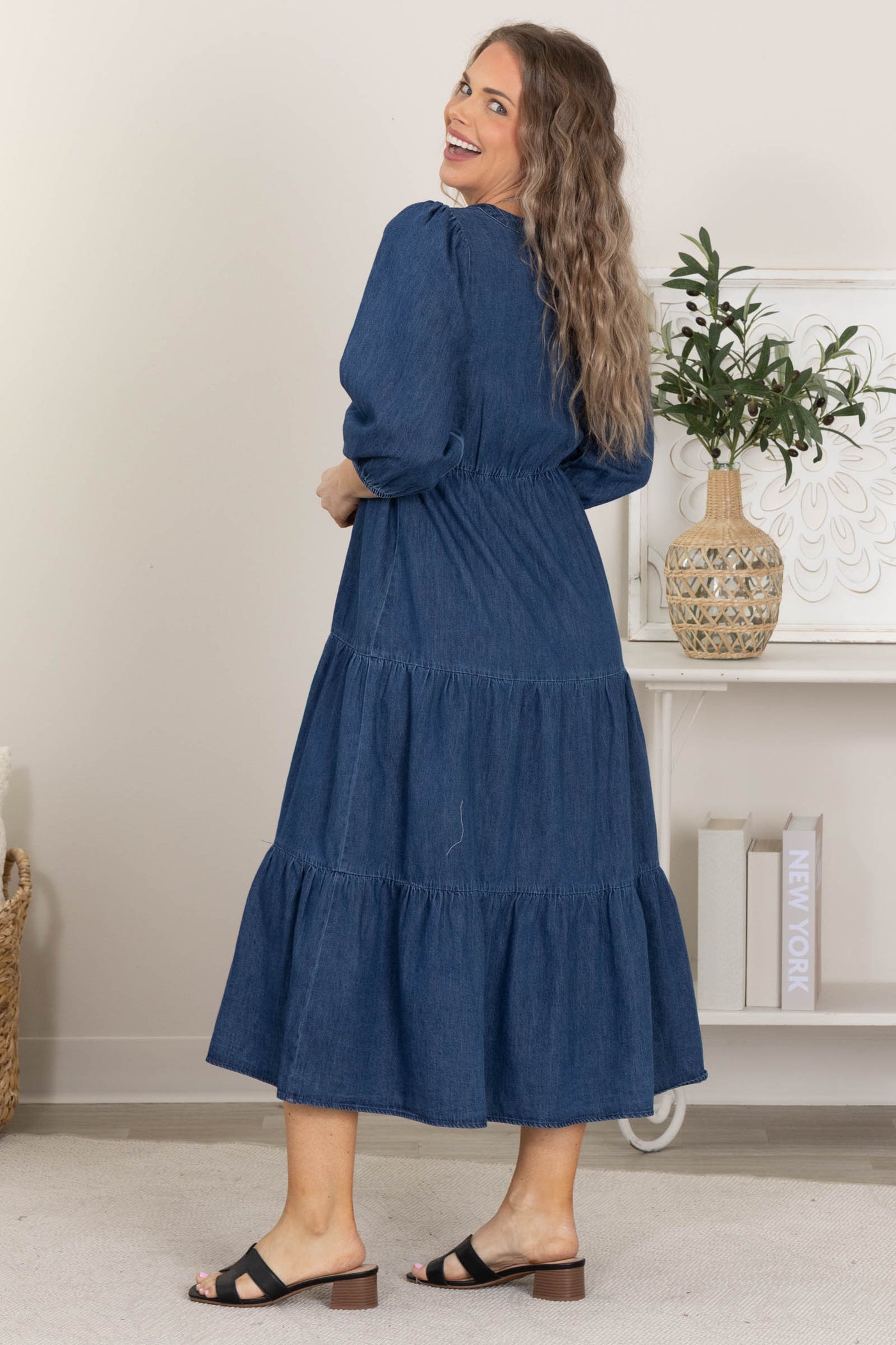 Denim Front Tie Tiered Midi Dress