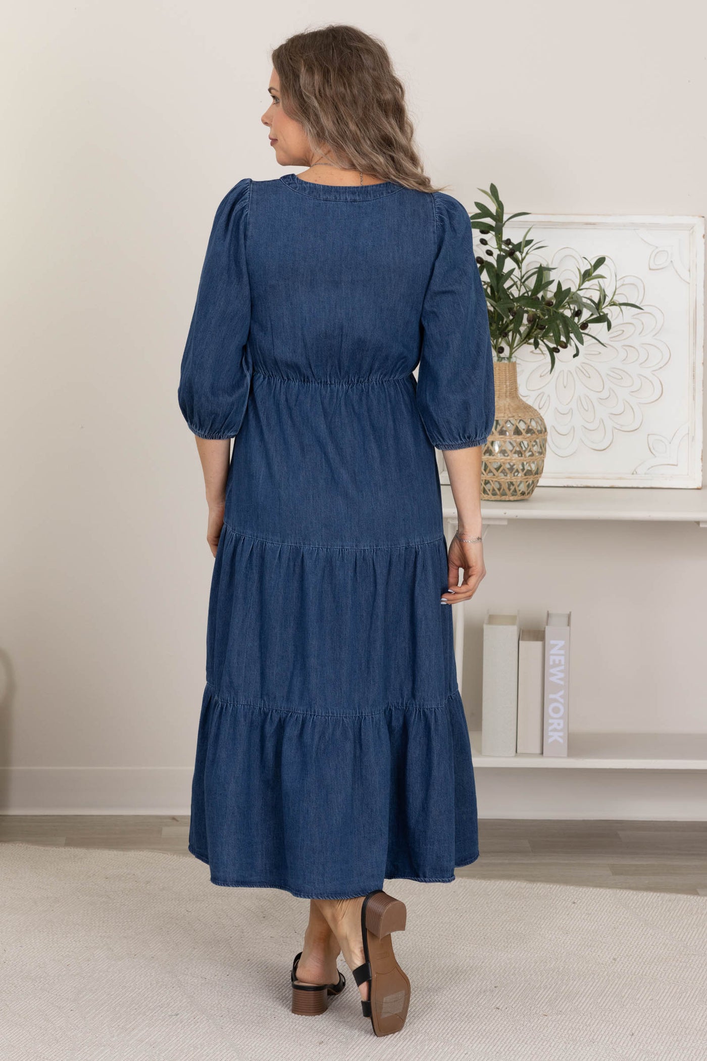 Denim Front Tie Tiered Midi Dress