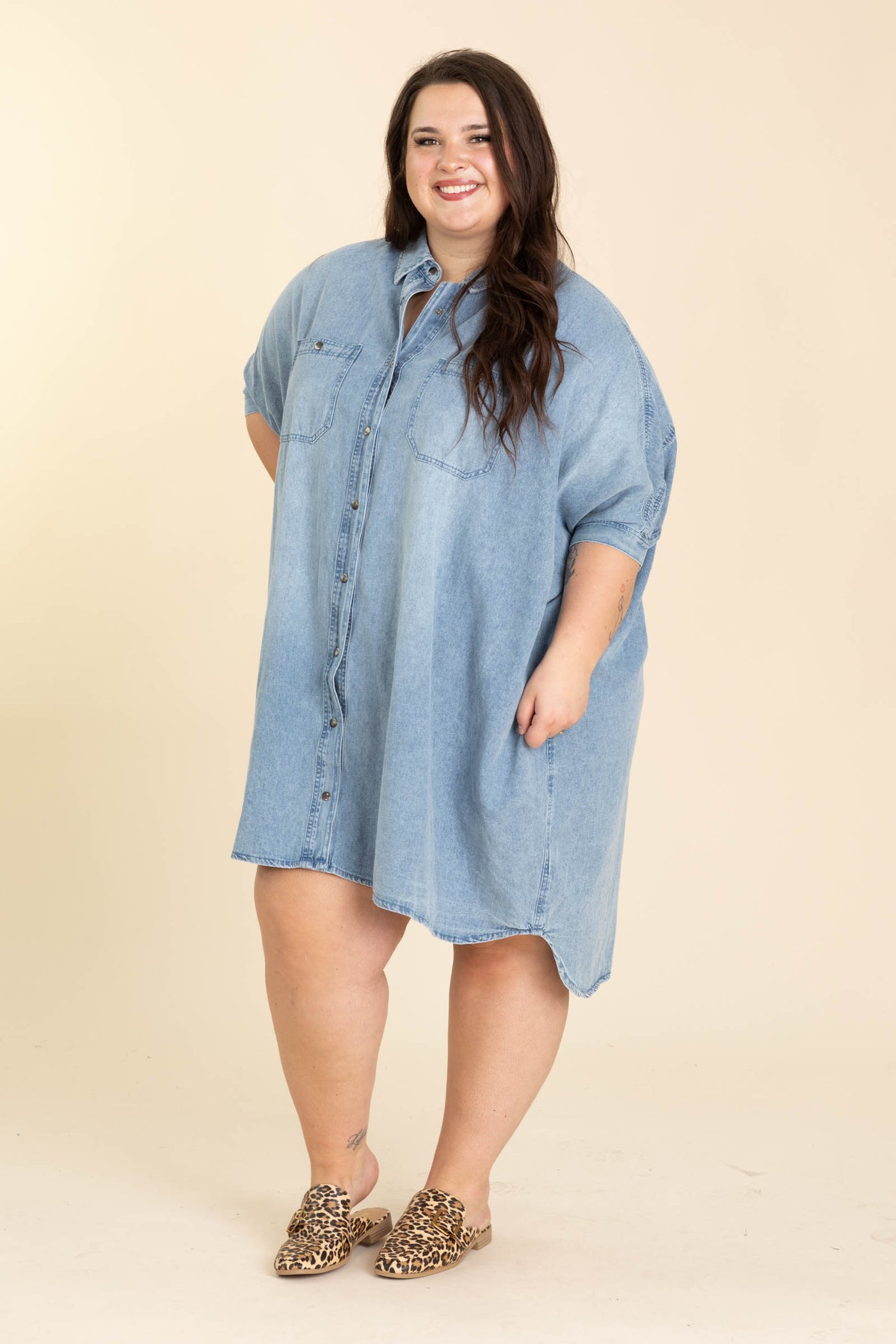 Light Denim Button Up Short Sleeve Dress