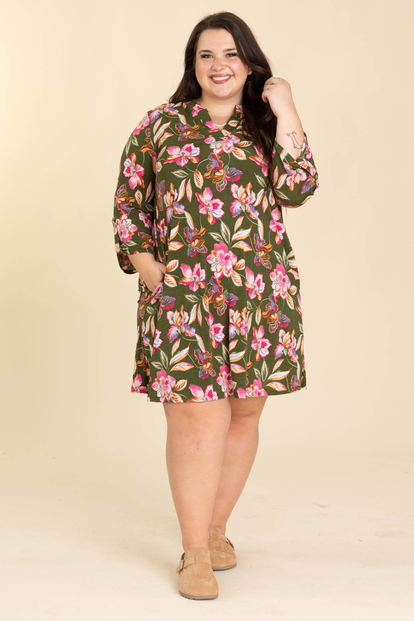 Olive Floral Printed Wrinkle Free Dress