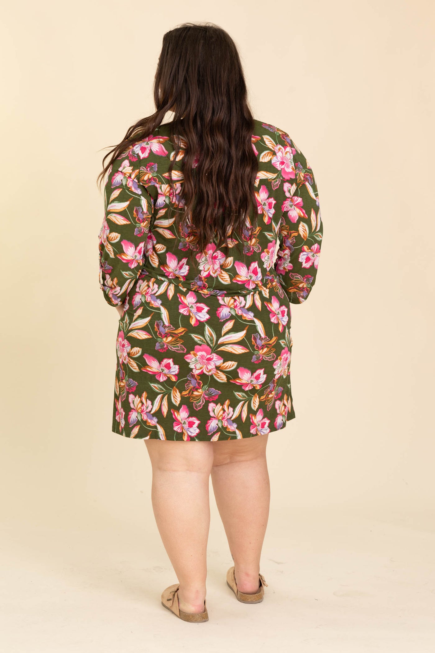 Olive Floral Printed Wrinkle Free Dress
