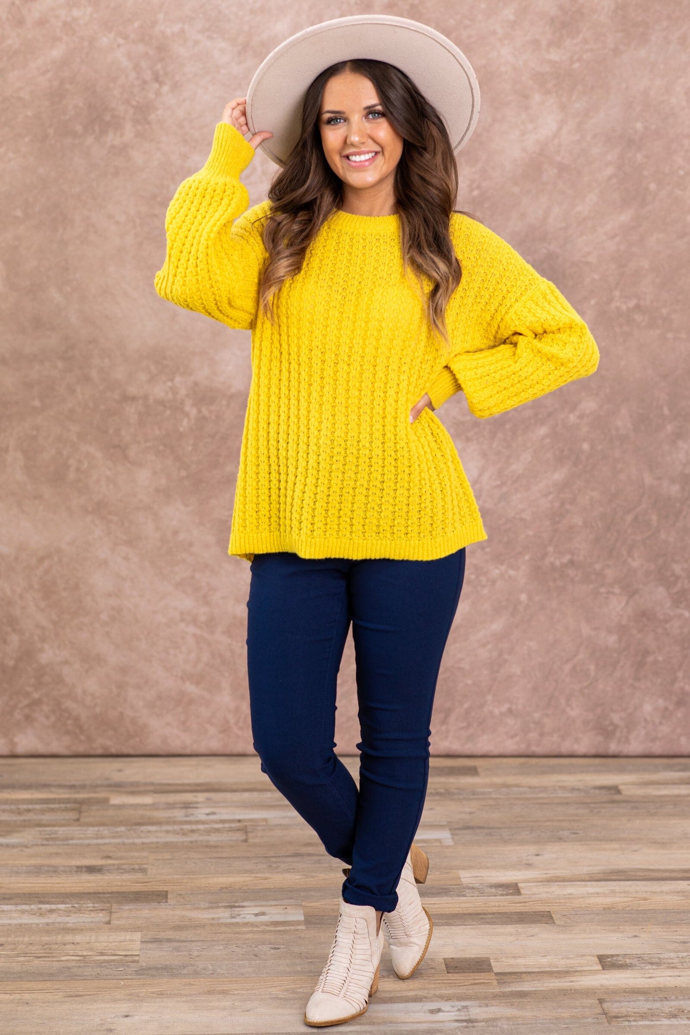 Golden Yellow Textured Round Neck Sweater - Filly Flair