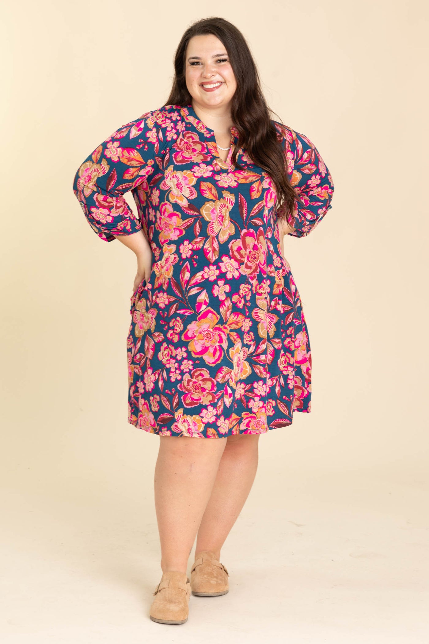 Navy and Pink Floral Wrinkle Free Dress