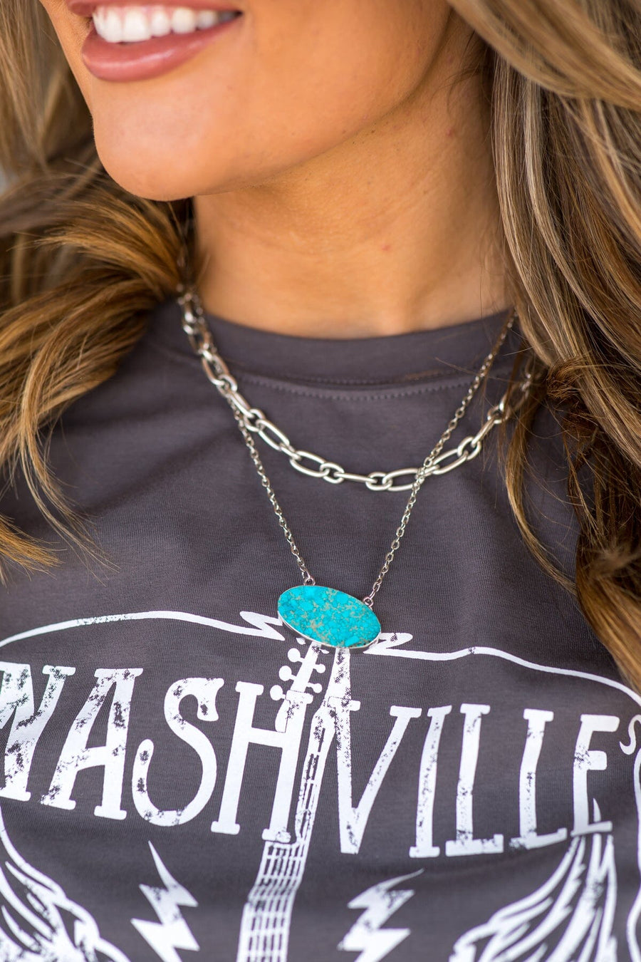 Turquoise Stone Pendant Double Strand Necklace - Filly Flair