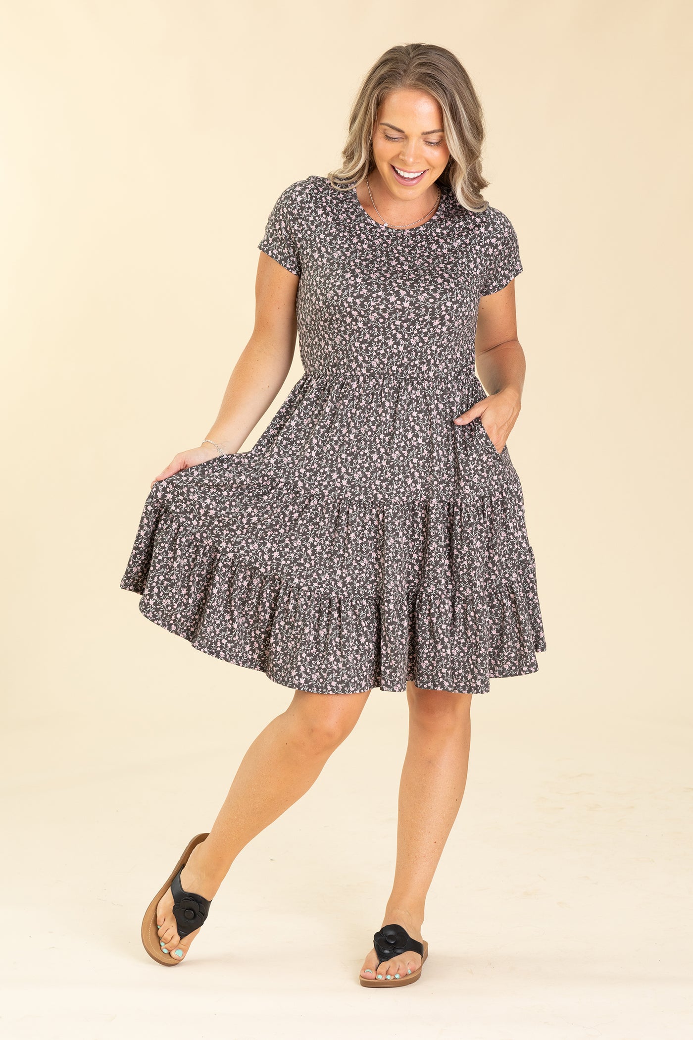 Charcoal Ditsy Floral Three Tiered Dress Filly Flair Charcoal Ditsy Floral Three Tiered Dress Filly Flair