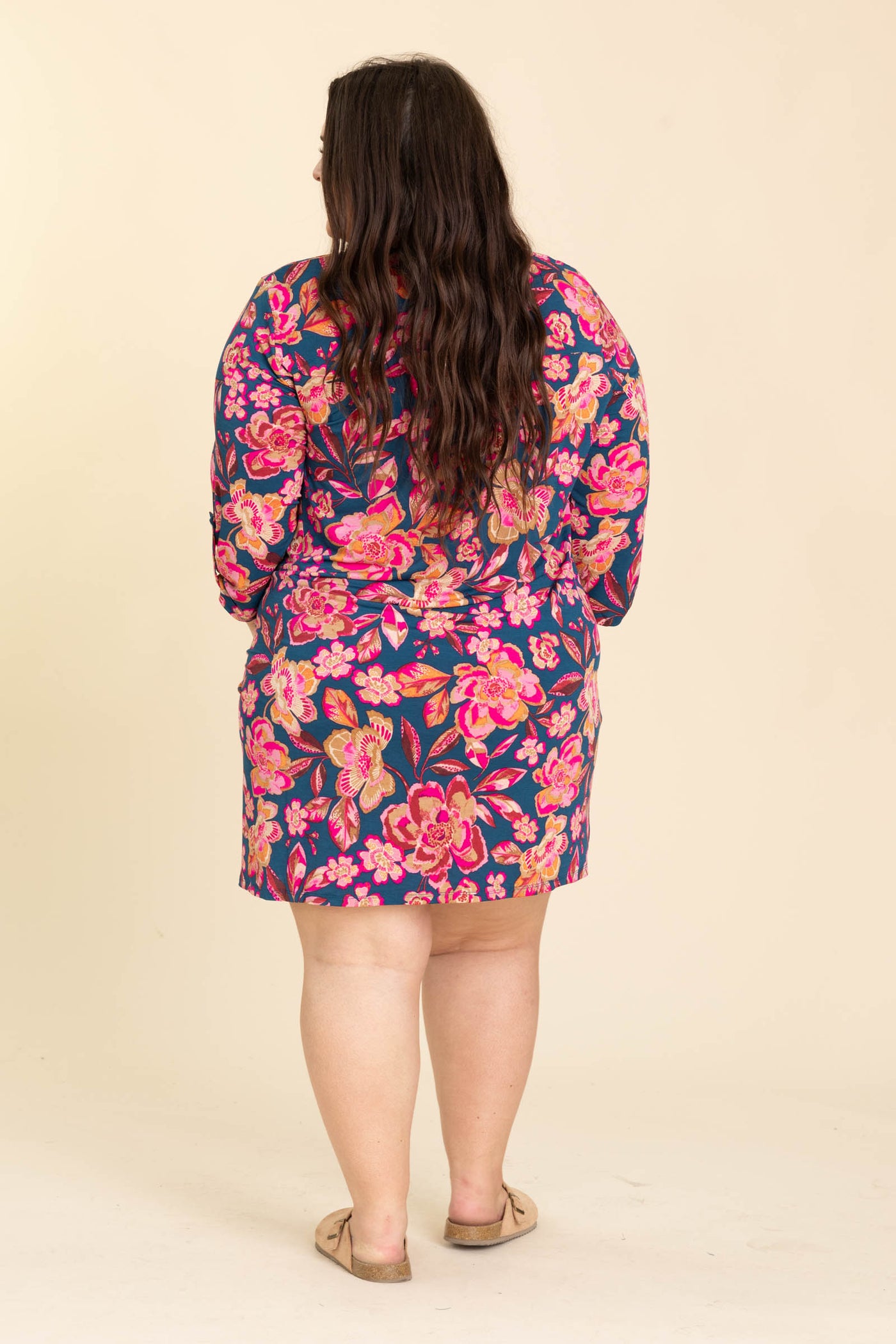 Navy and Pink Floral Wrinkle Free Dress