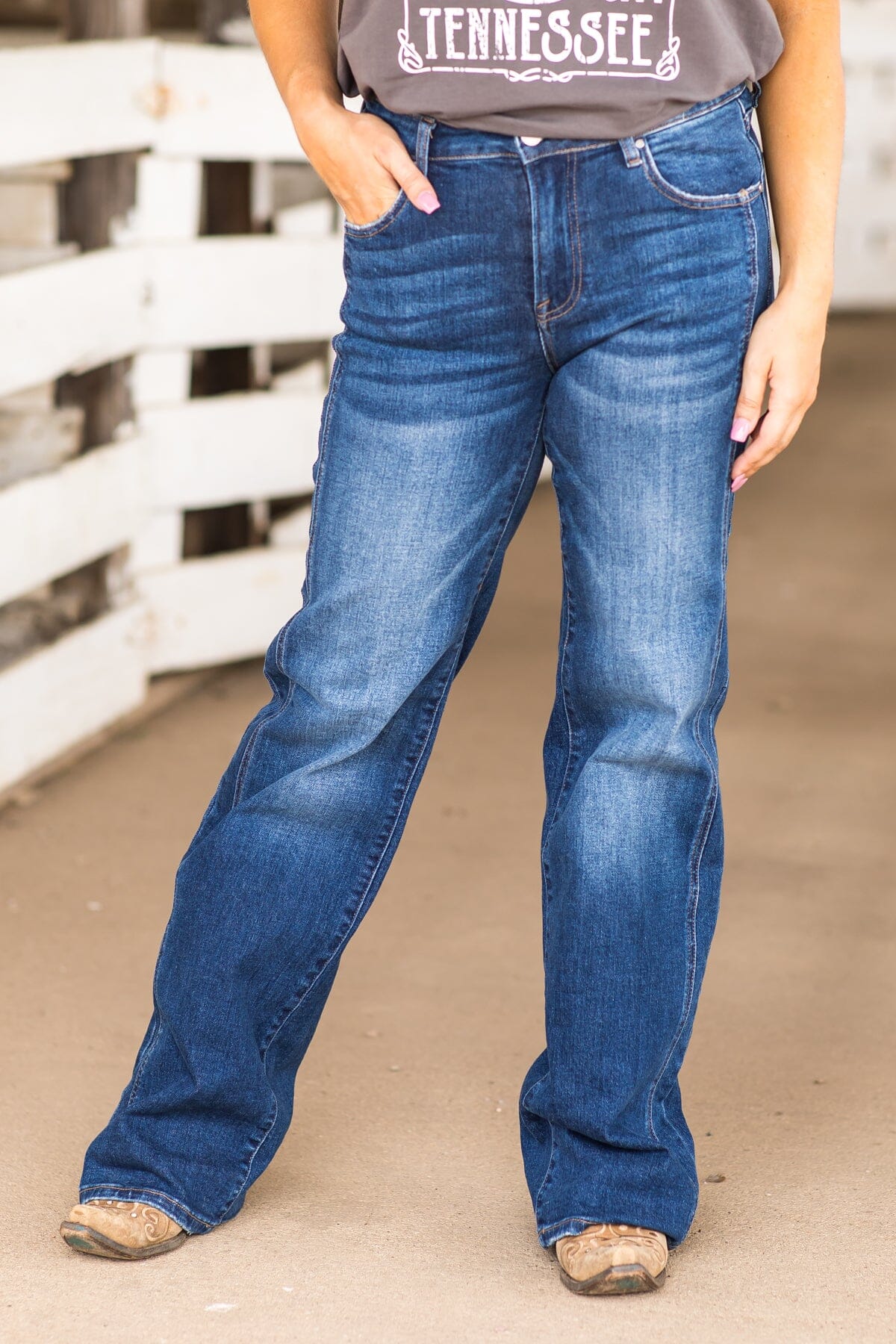 Risen Dark Wash Side Detail Straight Leg Jeans - Filly Flair