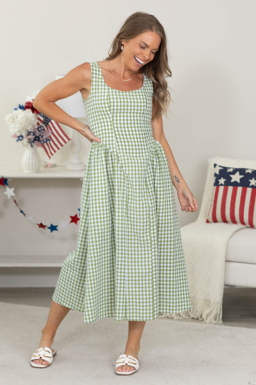 Light Olive Gingham Midi Dress