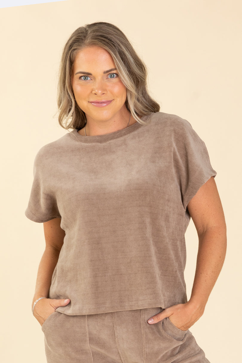 Mocha Corduroy Short Sleeve Knit Top
