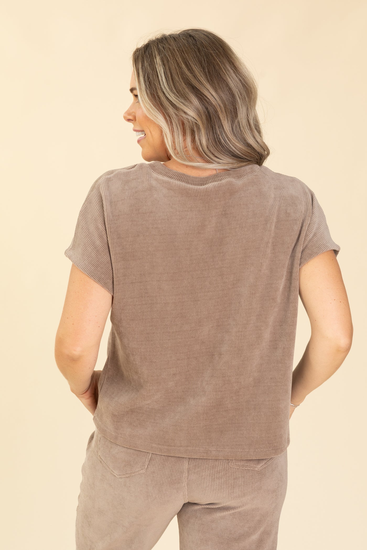 Mocha Corduroy Short Sleeve Knit Top