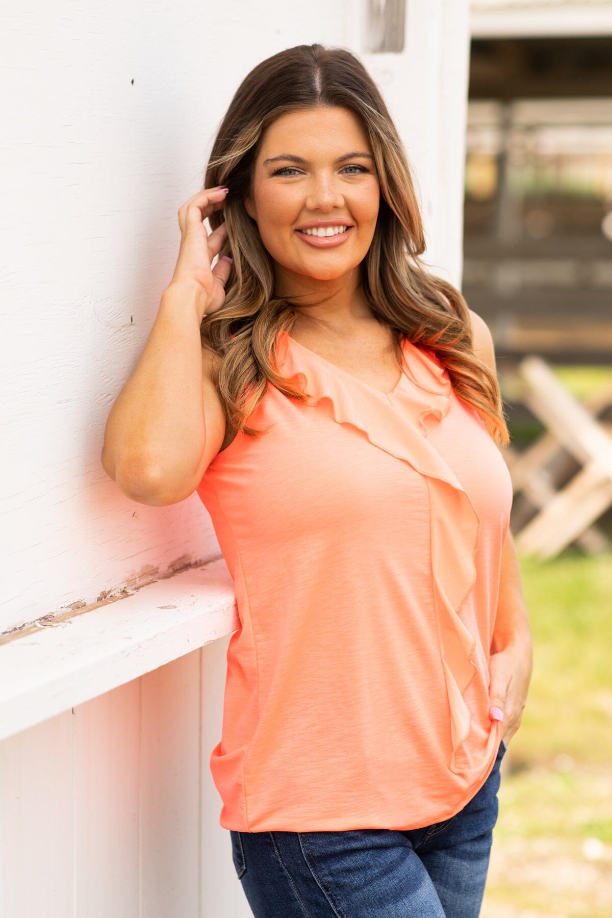 Neon Coral Tank With Front Ruffle Detail - Filly Flair