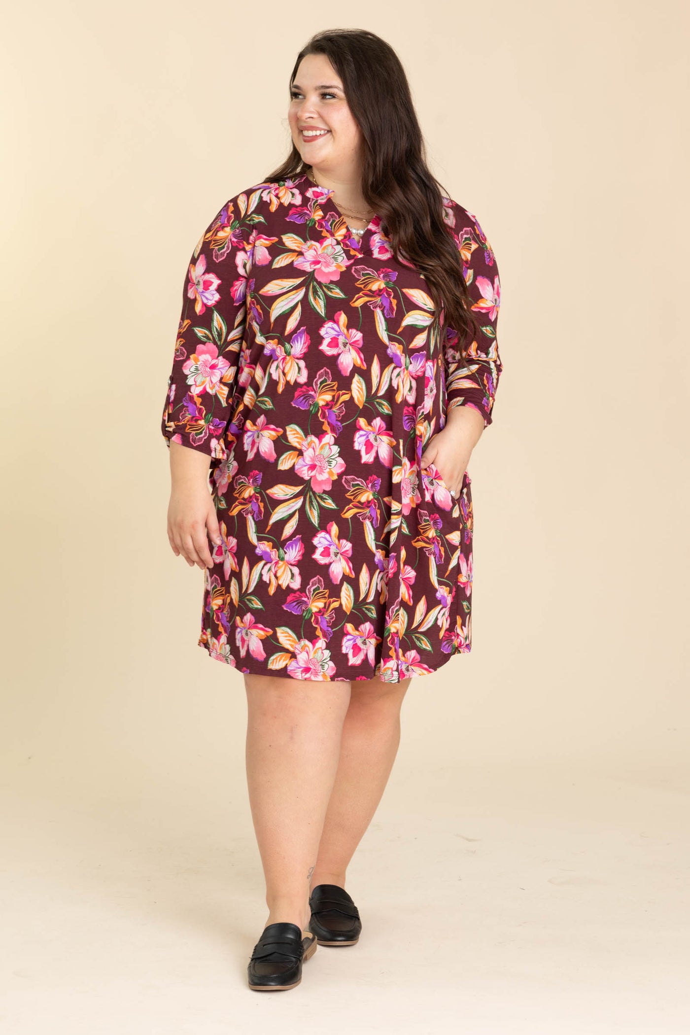 Purple Floral Printed Wrinkle Free Dress