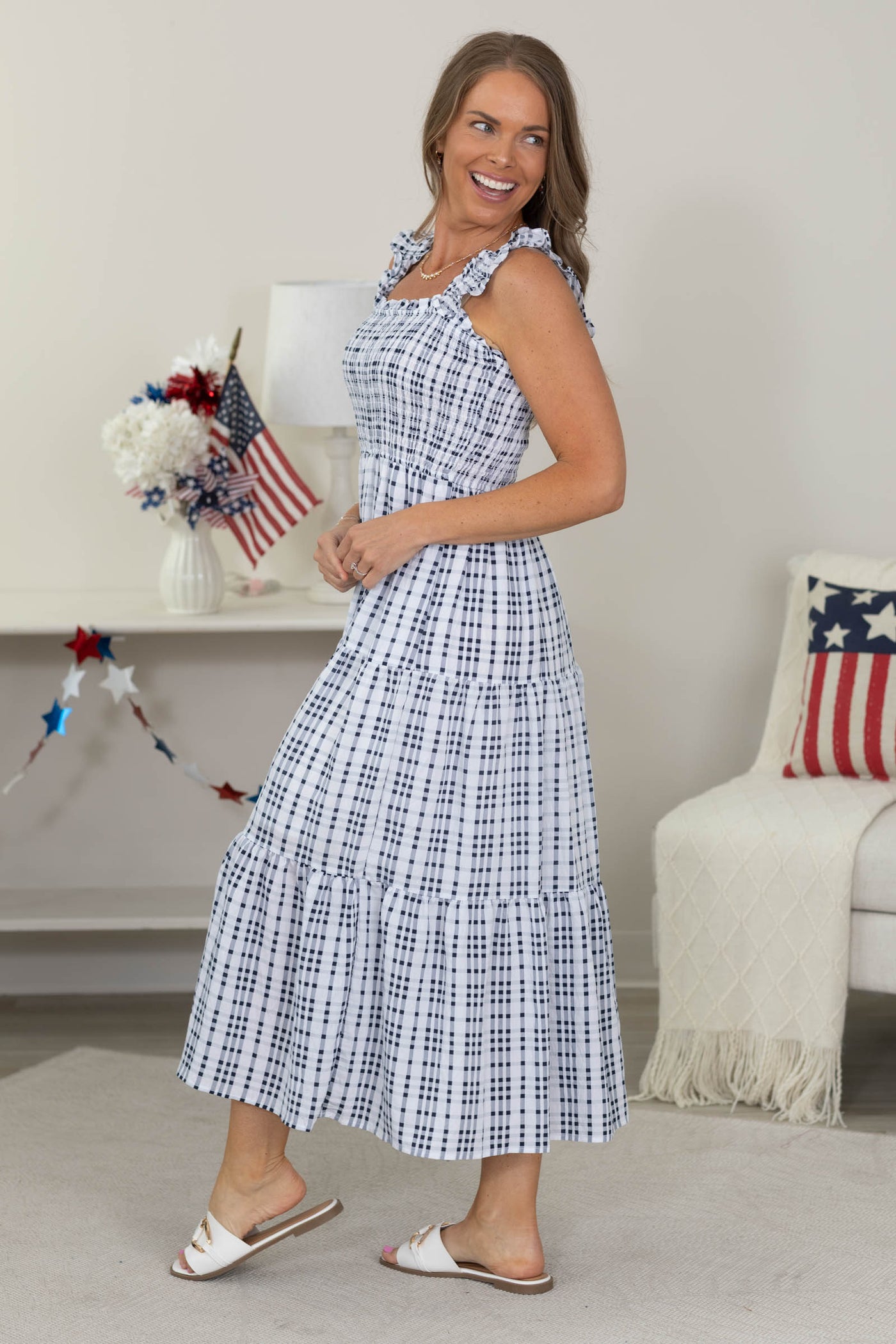 Navy Plaid Smocked Ruffle Tiered Midi Dress