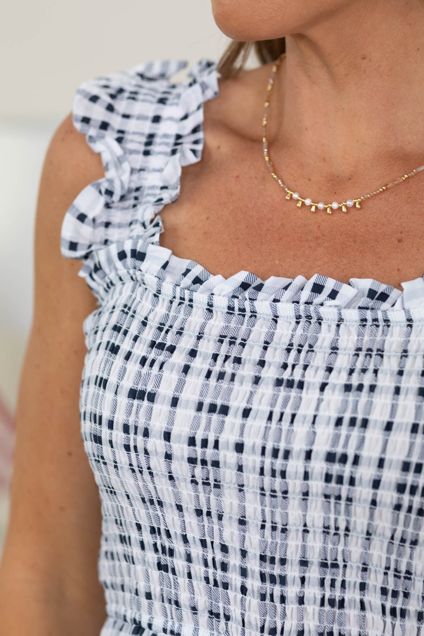 Navy Plaid Smocked Ruffle Tiered Midi Dress
