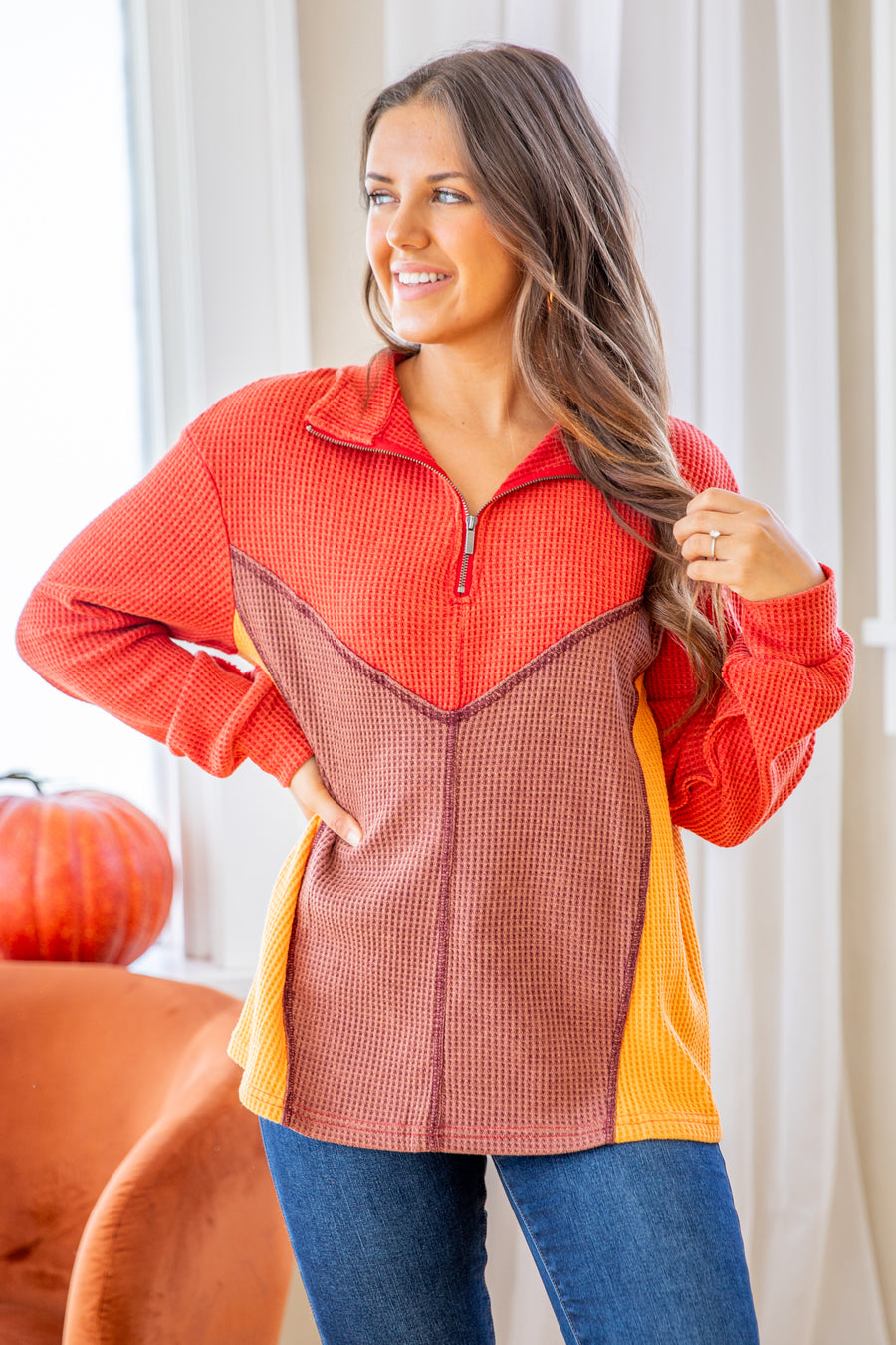 Rust and Brown Waffle Colorblock Pullover