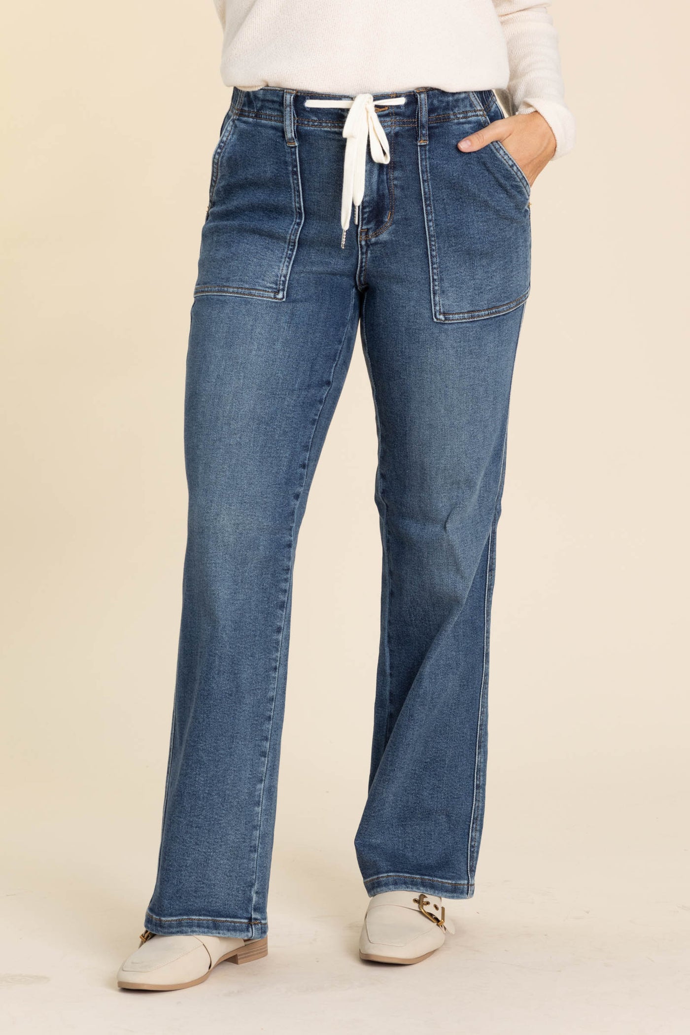 Judy Blue Medium Wash Drawstring Wide Jeans