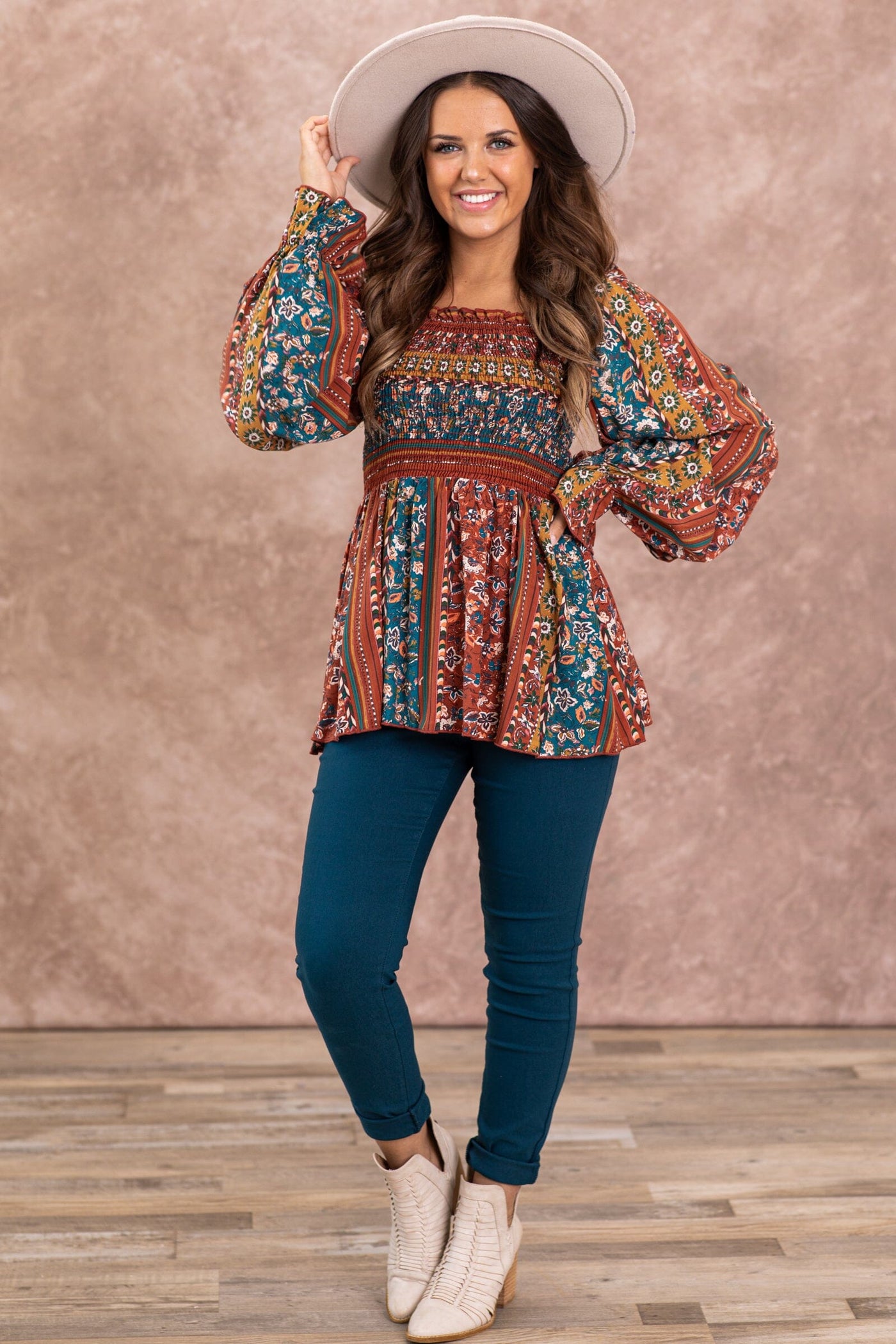 Rust Multicolor Boho Print Babydoll Top - Filly Flair