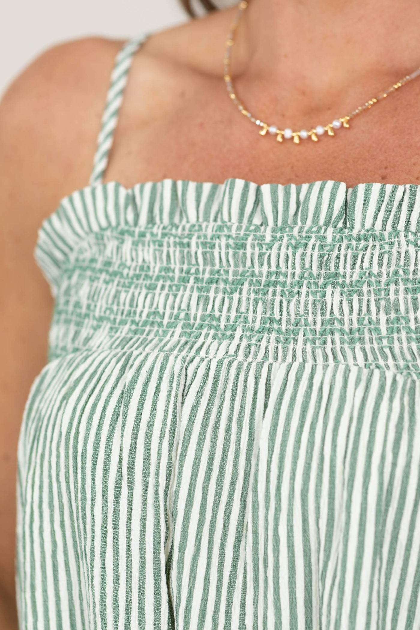 Dark Green Stripe Smocked And Ruffle Midi Dress