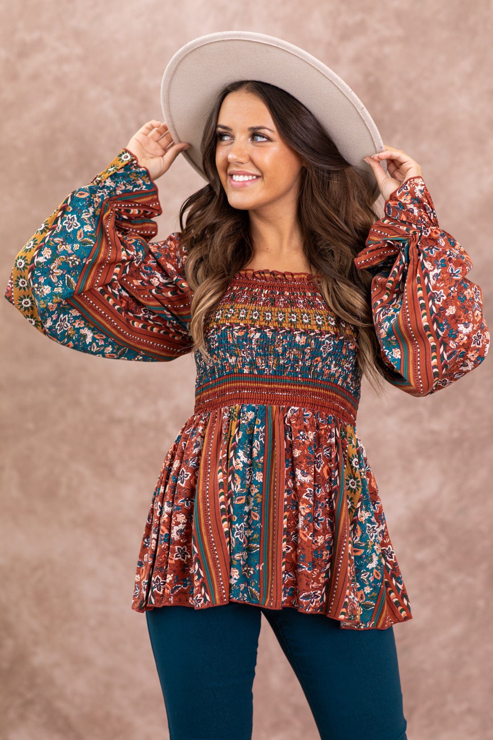 Rust Multicolor Boho Print Babydoll Top - Filly Flair