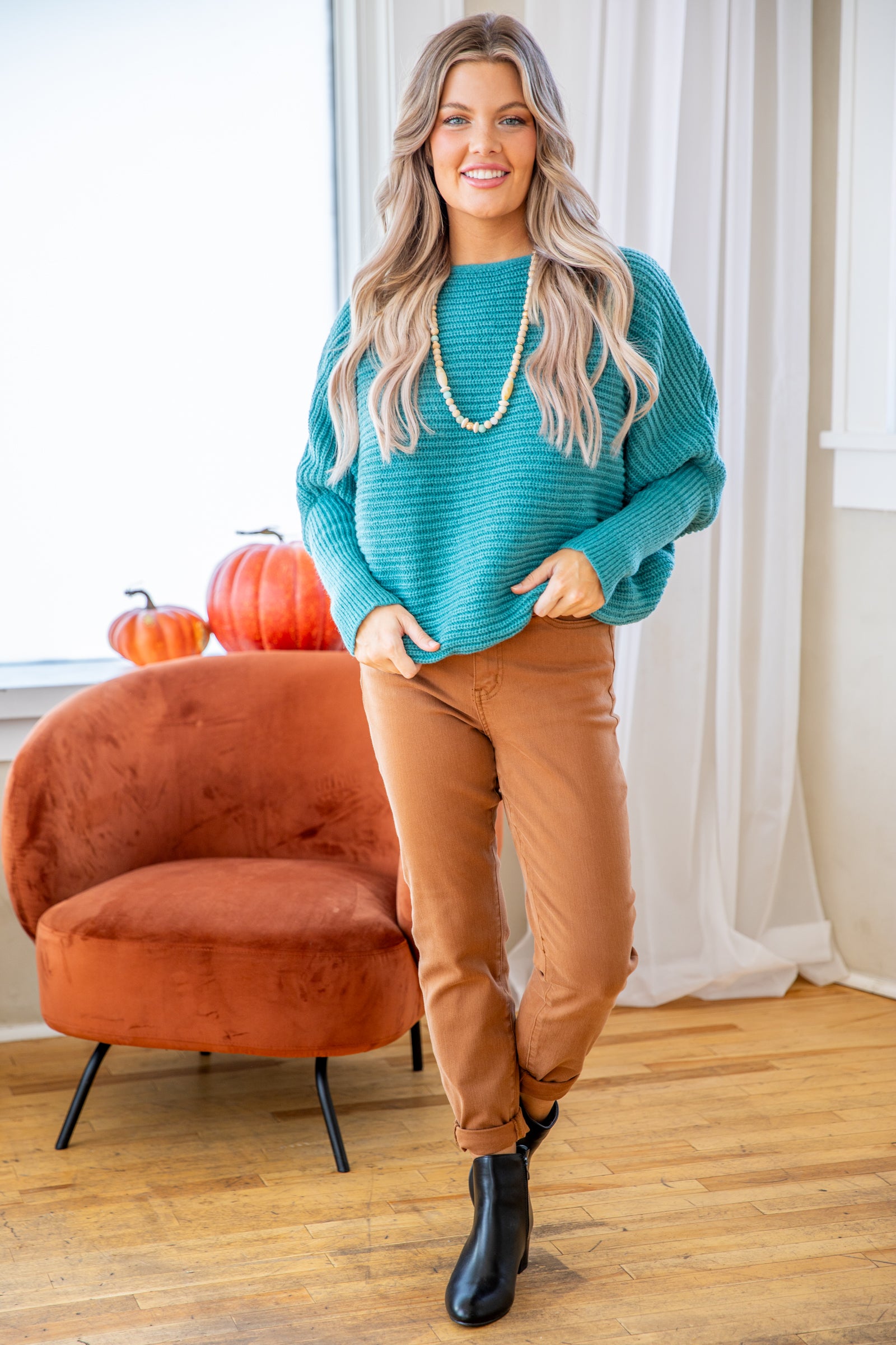 Teal Ribbed Slouchy Dolman Sleeve Sweater