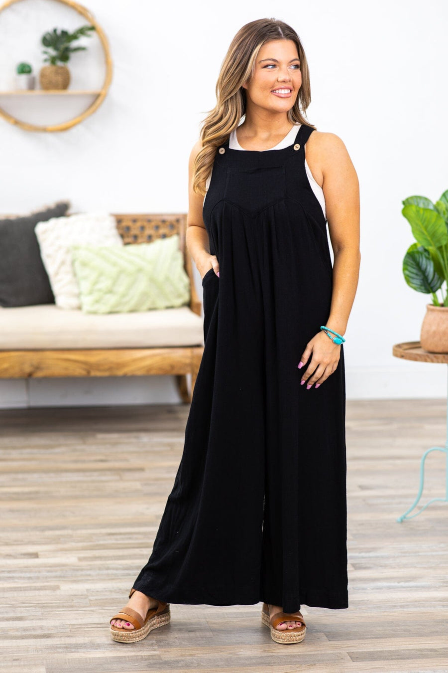 Black Wide Leg Overalls With Pockets - Filly Flair