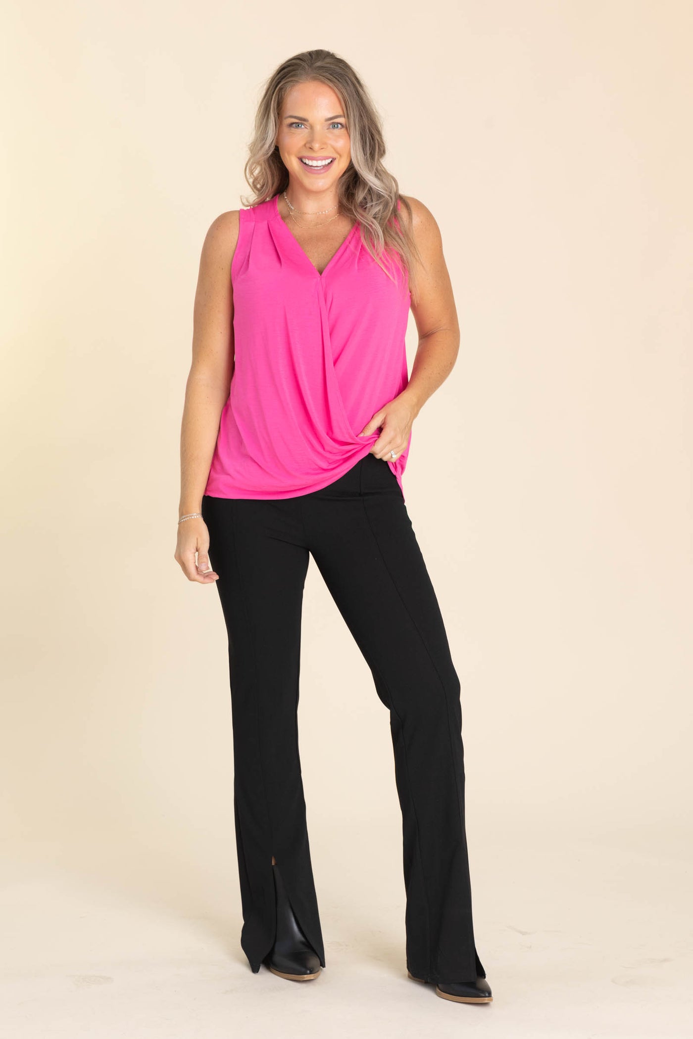 Black Pintuck Detail Pants With Front Slit