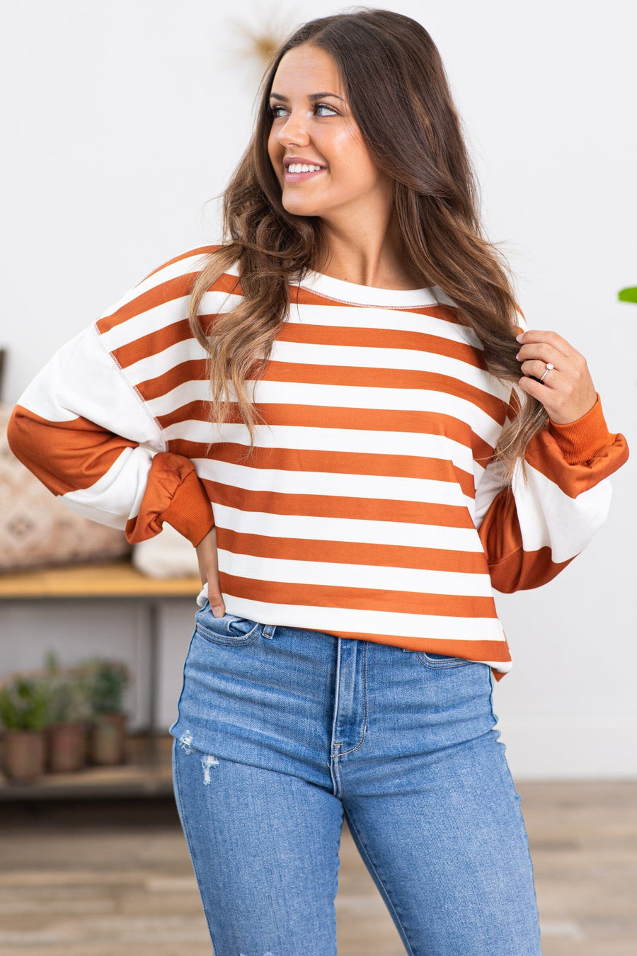 Cinnamon and White Stripe Long Sleeve Top - Filly Flair