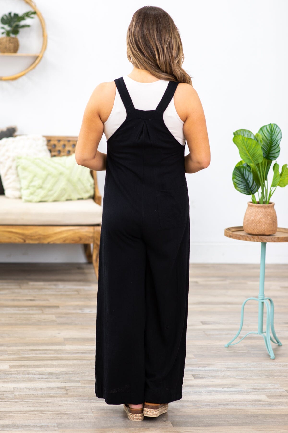 Black Wide Leg Overalls With Pockets - Filly Flair
