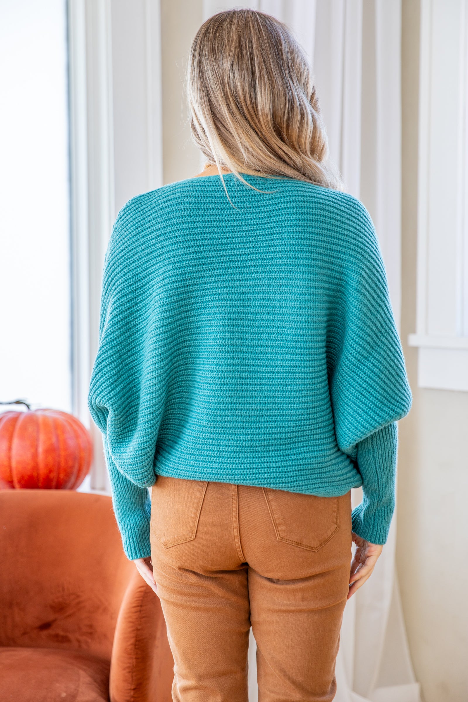 Teal Ribbed Slouchy Dolman Sleeve Sweater
