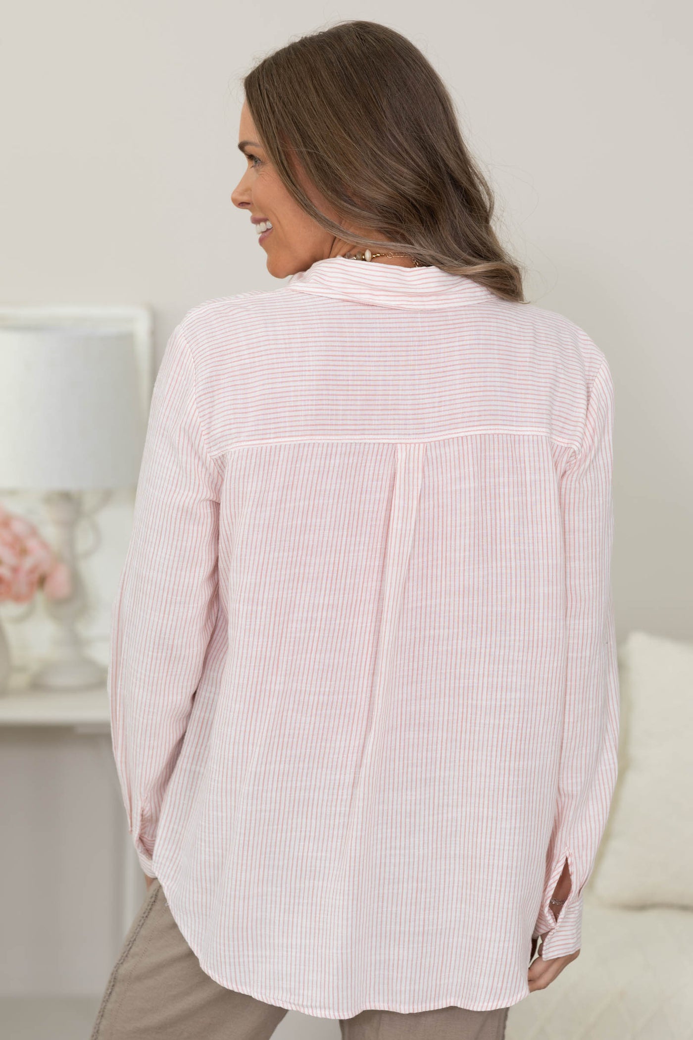 Light Coral Pinstripe Button Up With Pocket