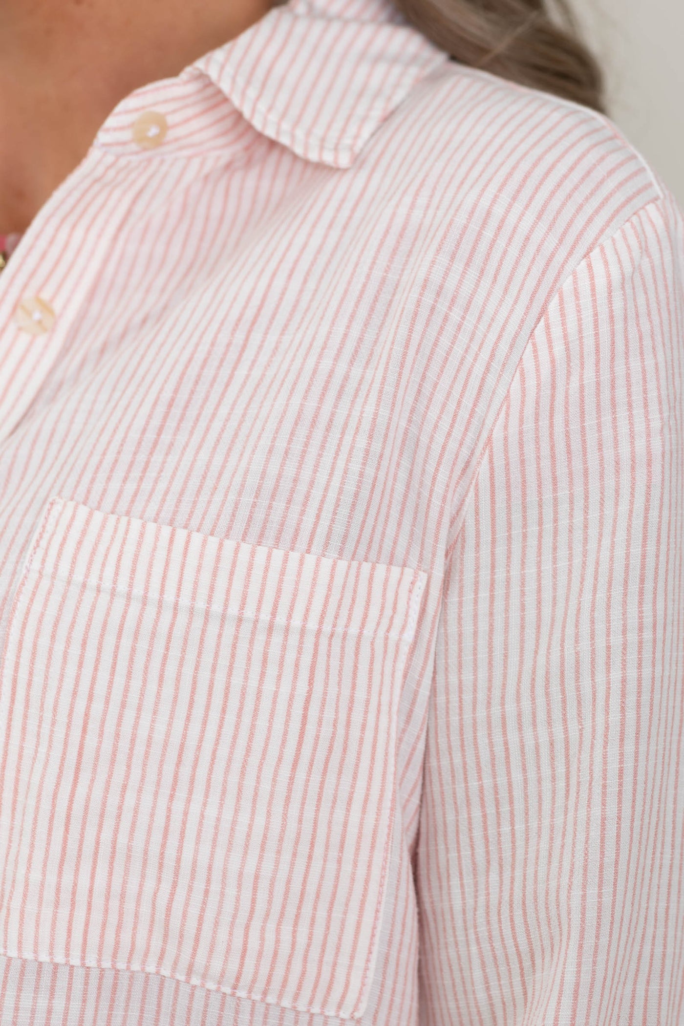 Light Coral Pinstripe Button Up With Pocket