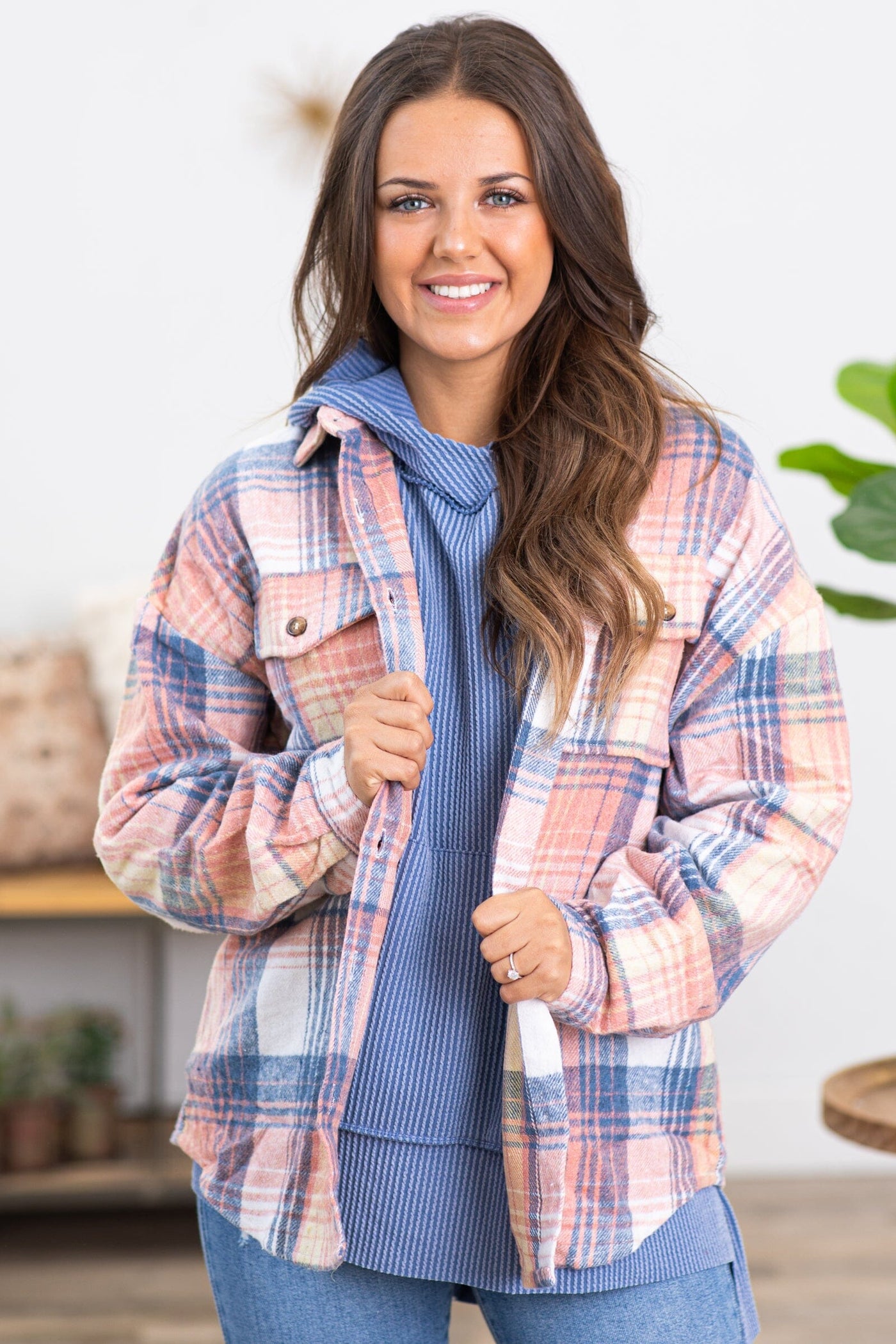 Dusty Blue and Coral Plaid Shacket - Filly Flair