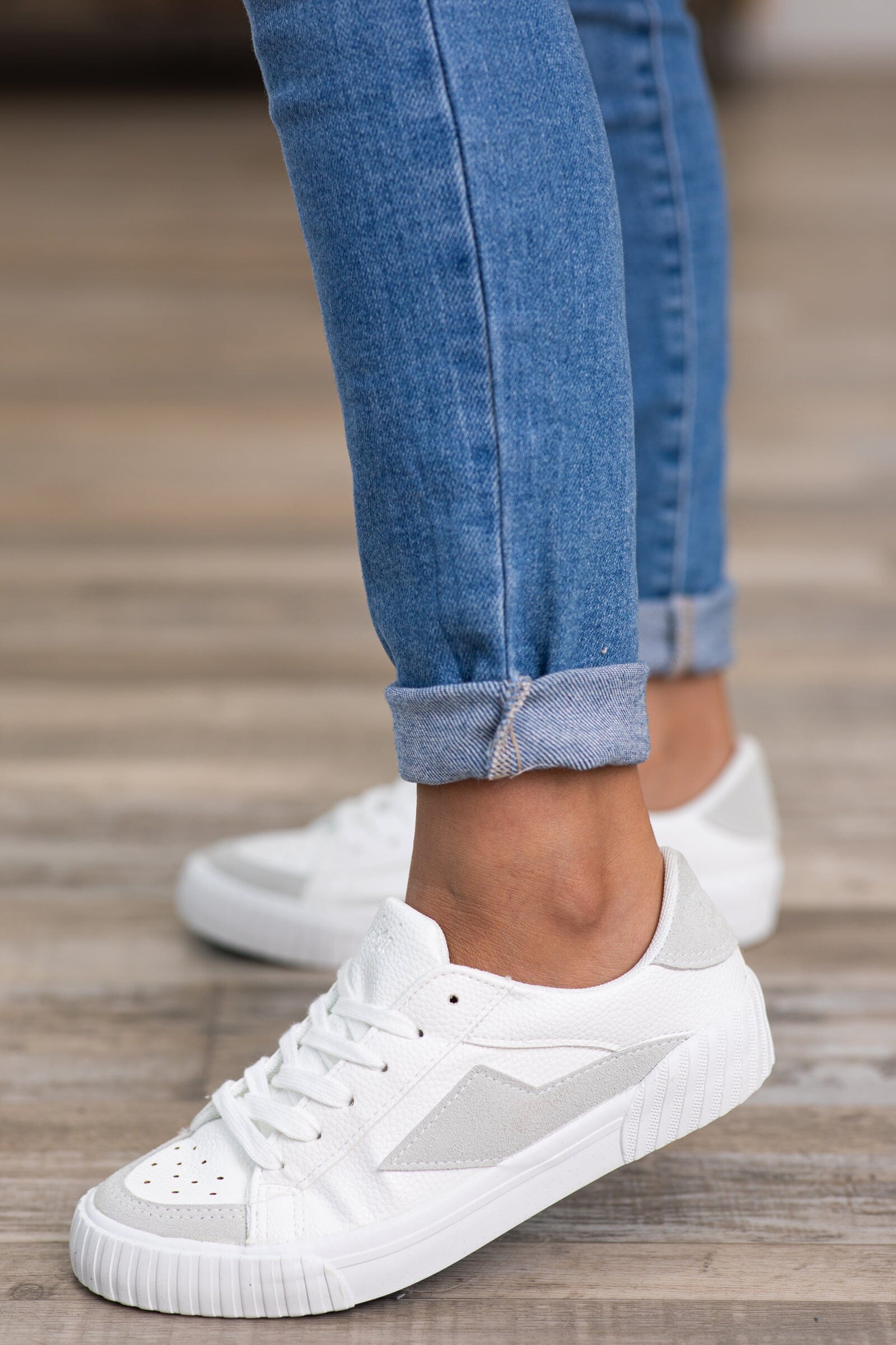 White and Grey Faux Suede Detail Sneakers - Filly Flair