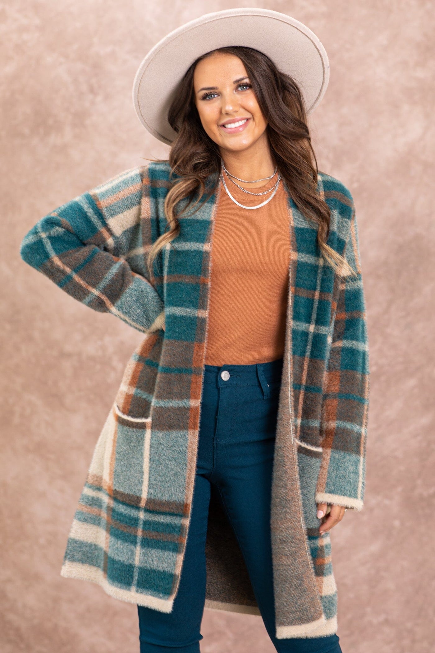 Teal and Cognac Plaid Cardigan With Pockets - Filly Flair