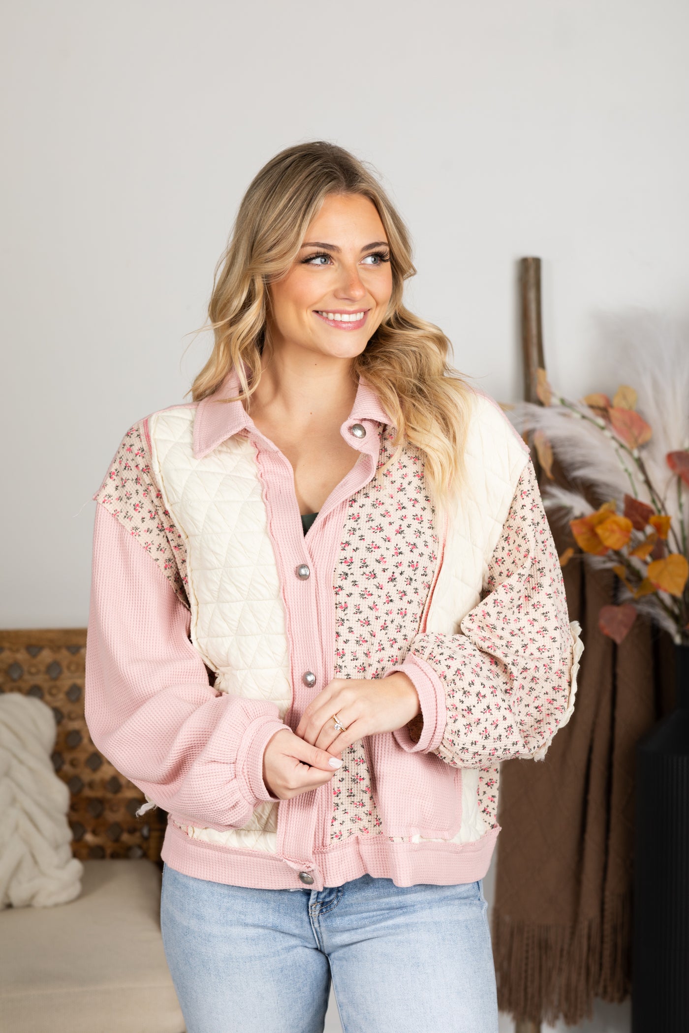 Print Contrast Colorblock Quilted Jacket