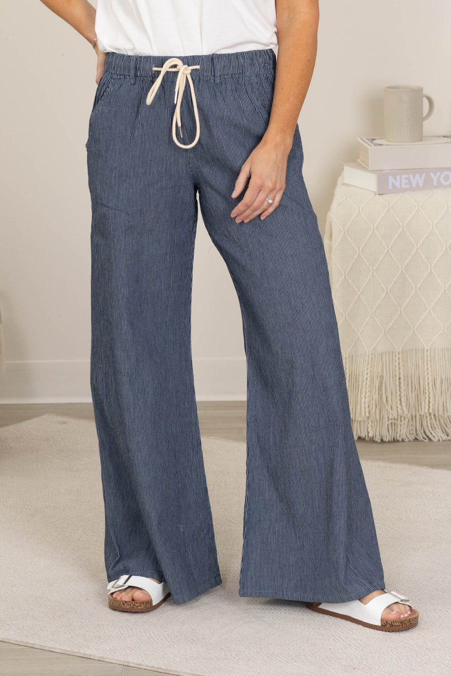 Navy Relaxed Fit Striped Wide Leg Pants