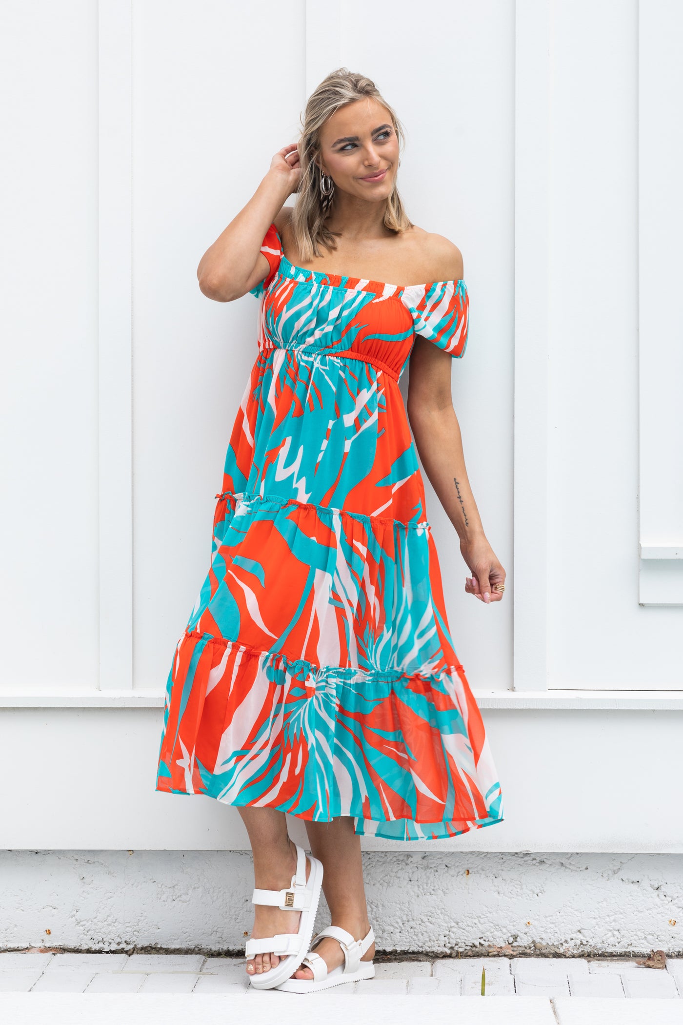 Orange And Aqua Abstract Chiffon Midi Dress Filly Flair Orange And Aqua Abstract Chiffon Midi Dress Filly Flair