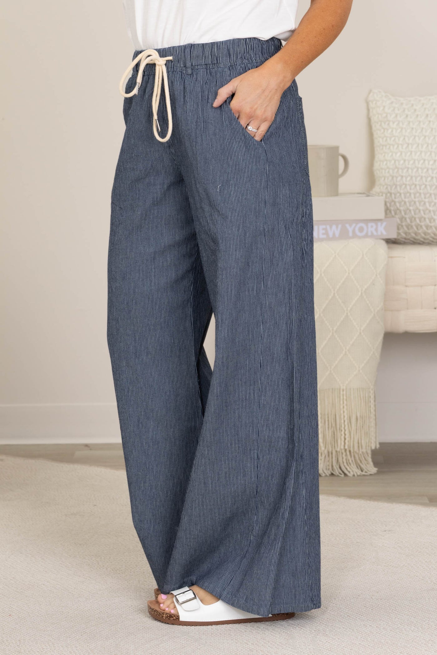 Navy Relaxed Fit Striped Wide Leg Pants