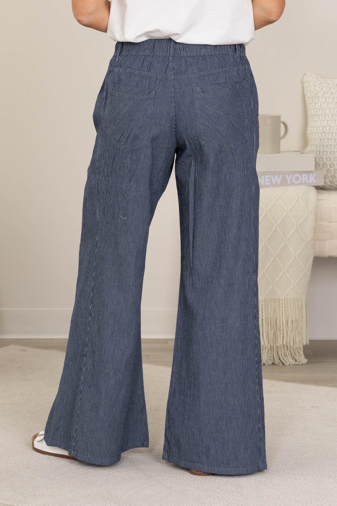 Navy Relaxed Fit Striped Wide Leg Pants