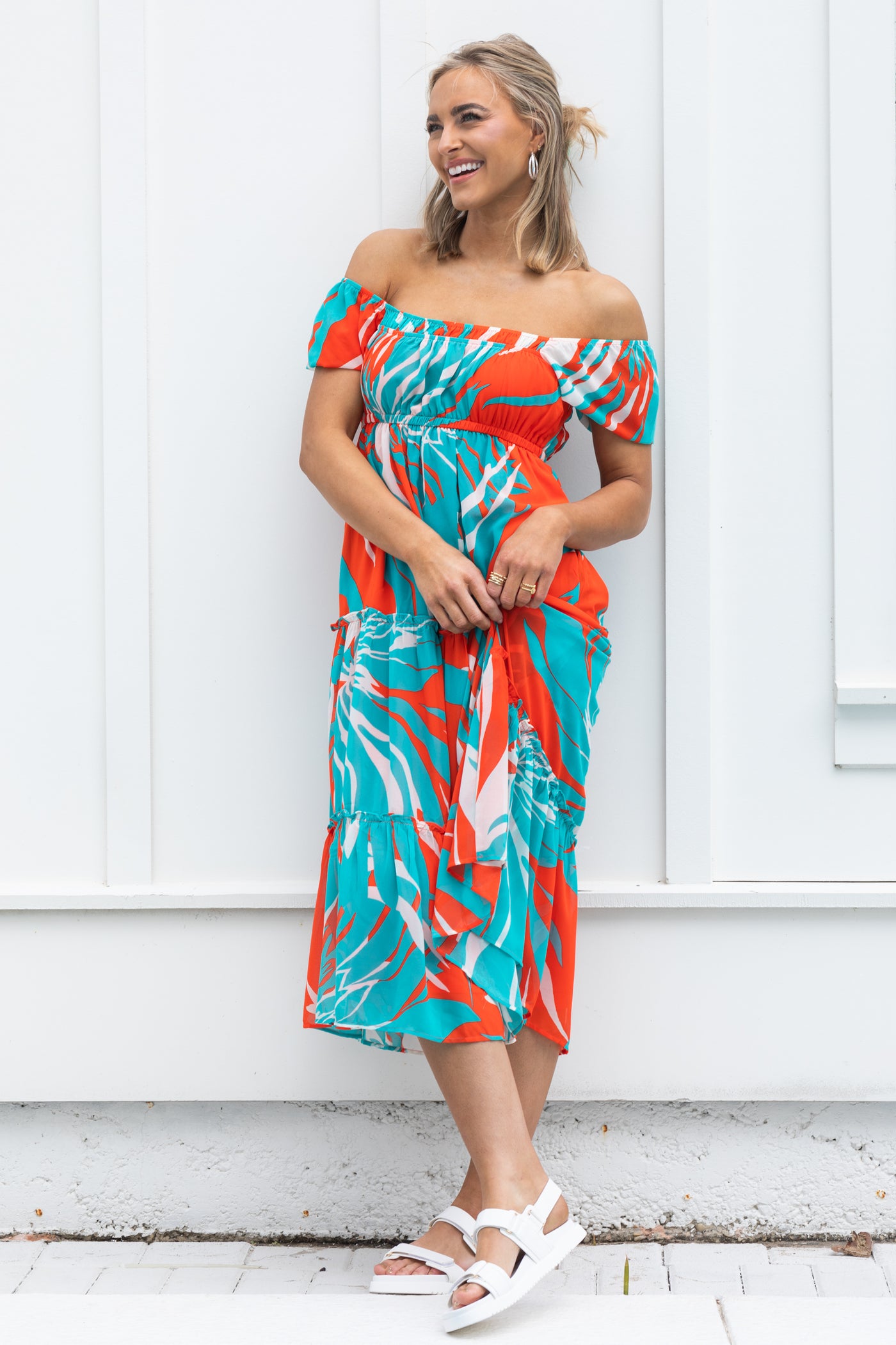 aqua and orange dress Orange And Aqua Abstract Chiffon Midi Dress