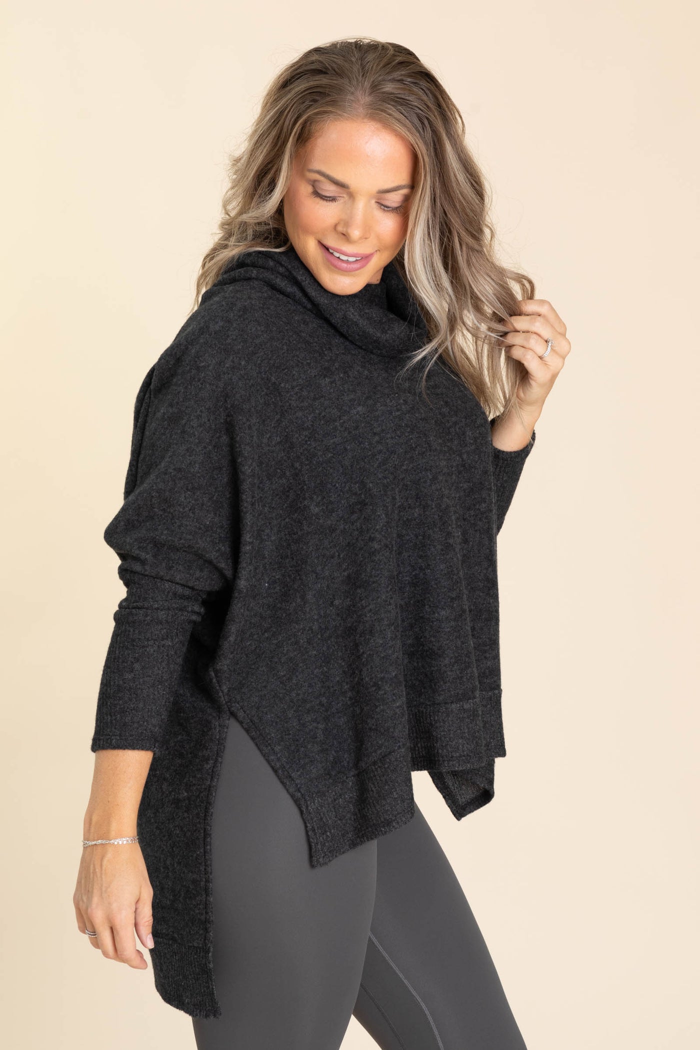 Cowl Neck High-Low Knit Tunic Top