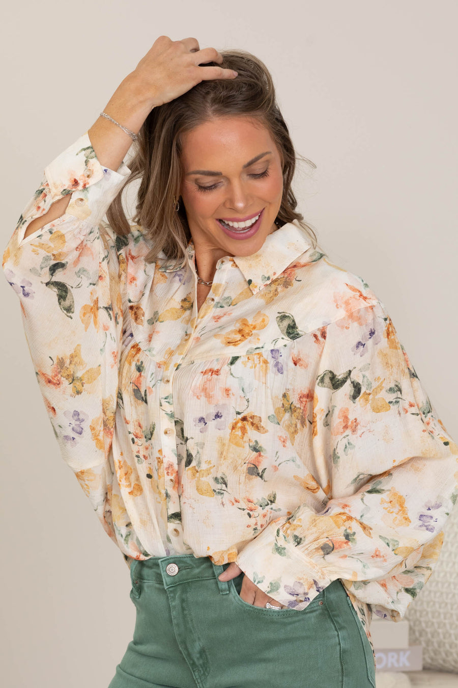 Ivory And Marigold Floral Button Down Blouse