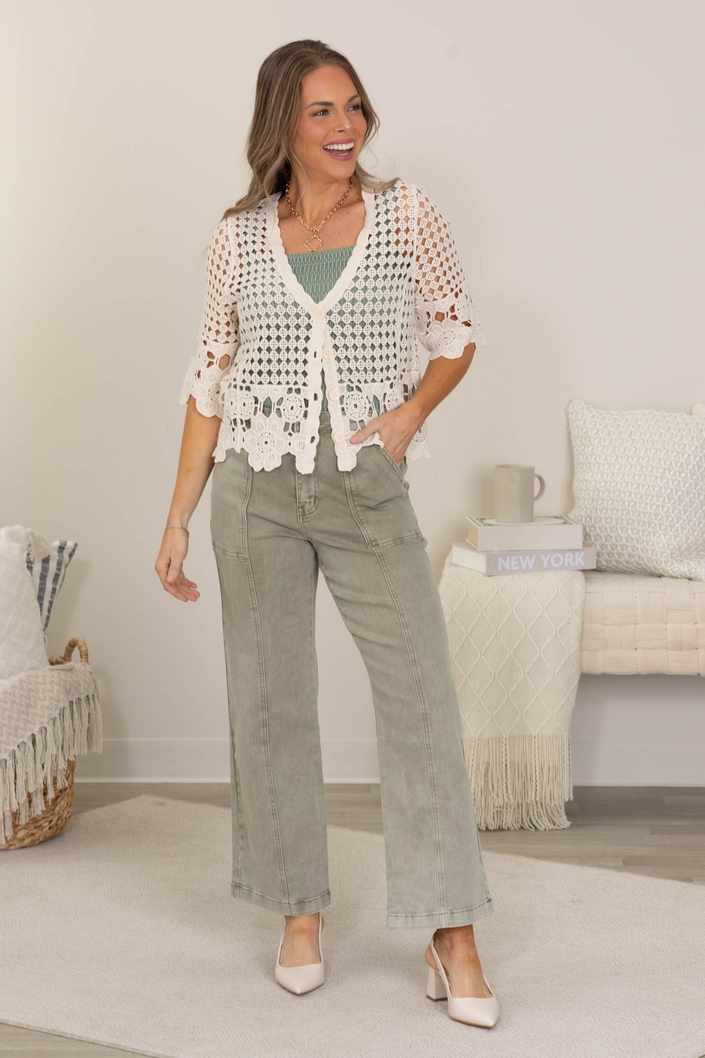 Ivory Crochet Lace Button Down Cardigan Top