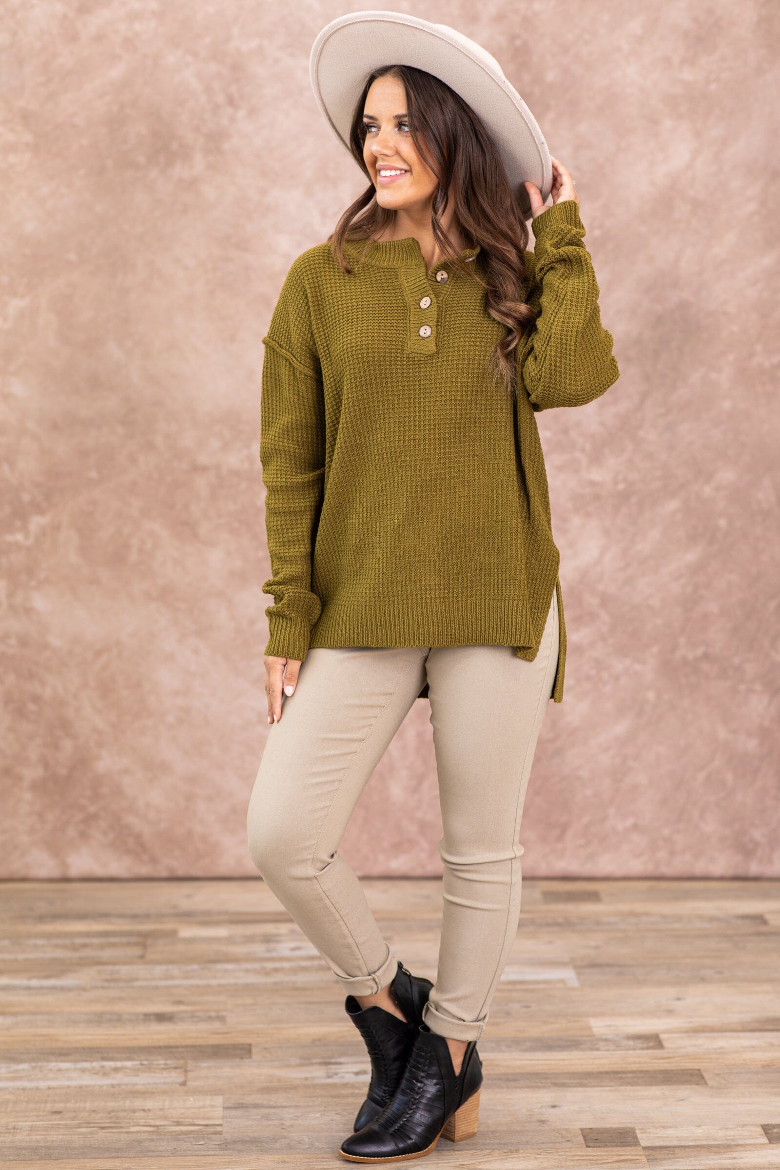 Olive Waffle Knit Sweater With Buttons - Filly Flair