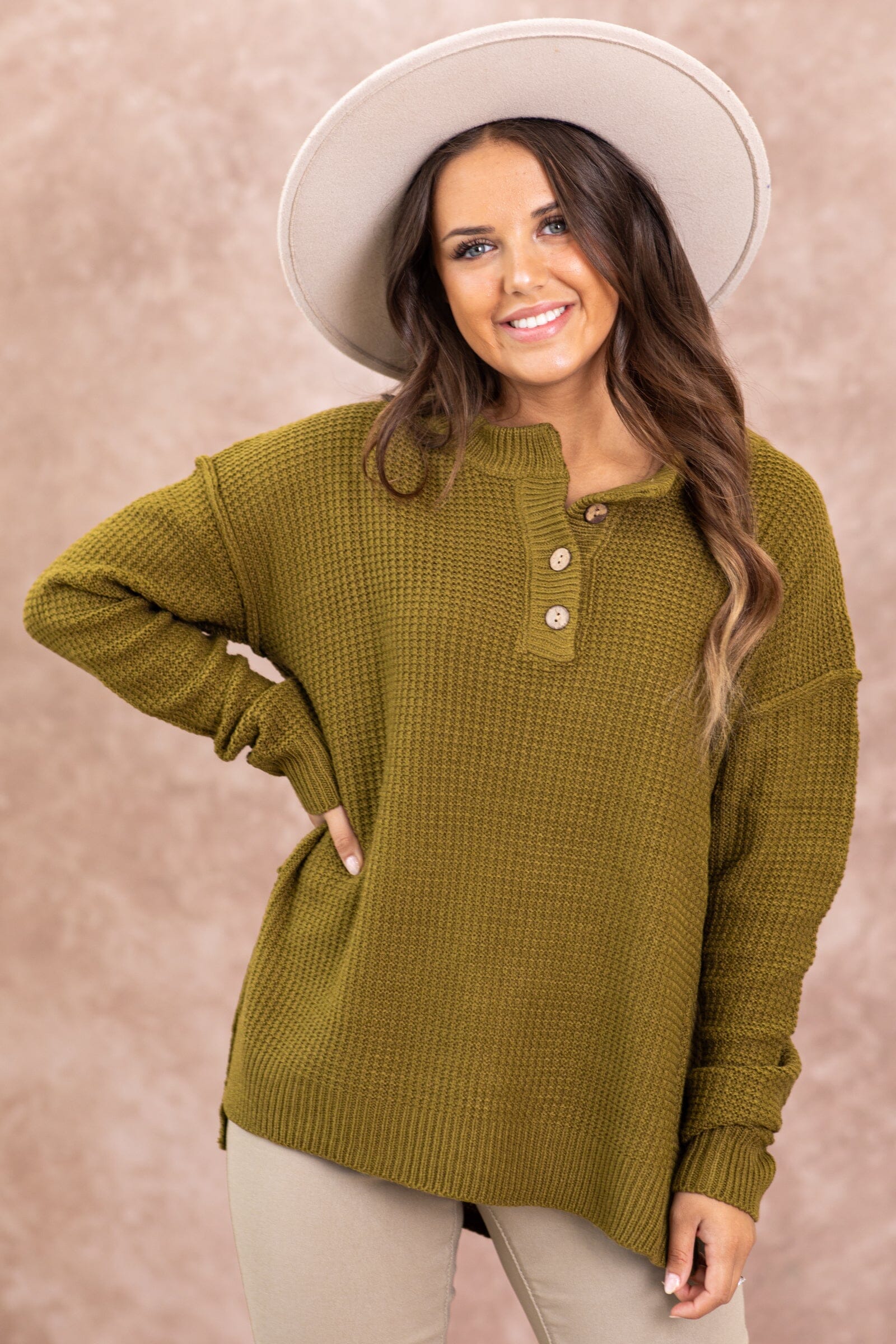 Olive Waffle Knit Sweater With Buttons - Filly Flair