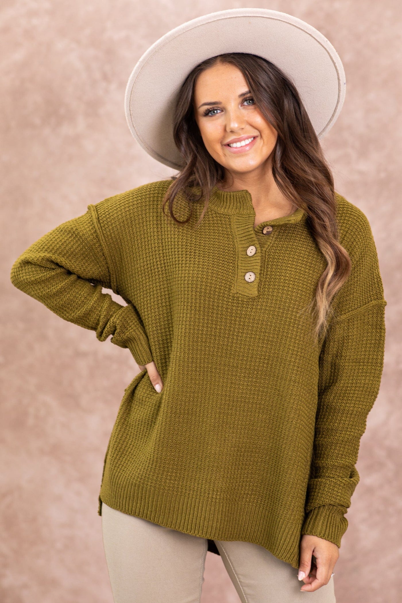 Olive Waffle Knit Sweater With Buttons · Filly Flair