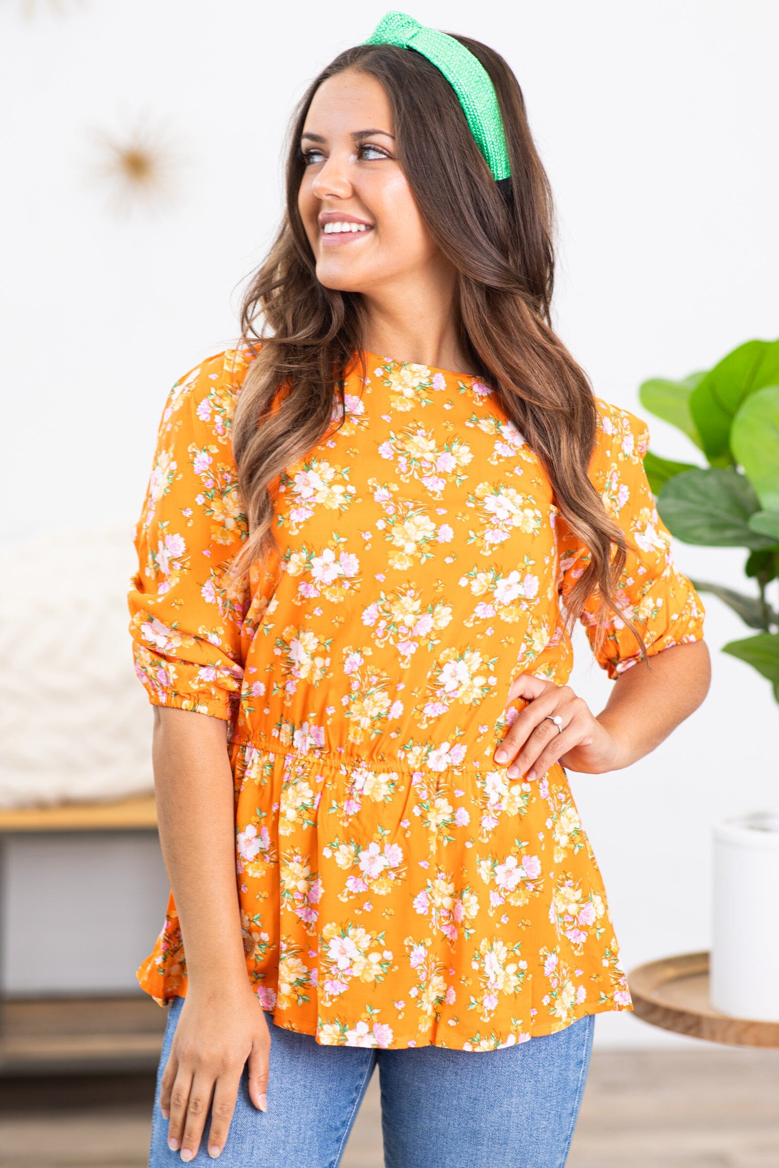 Orange and Sage Floral Print Top - Filly Flair
