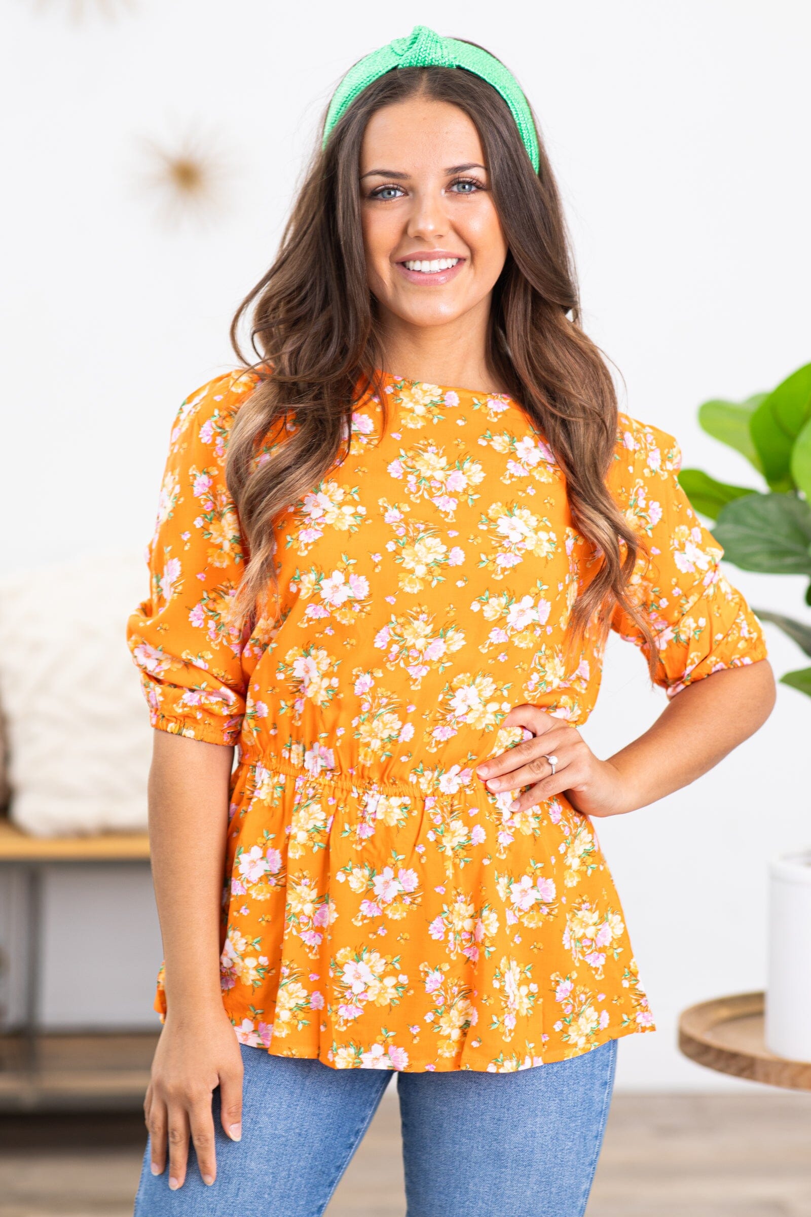 Orange and Sage Floral Print Top - Filly Flair