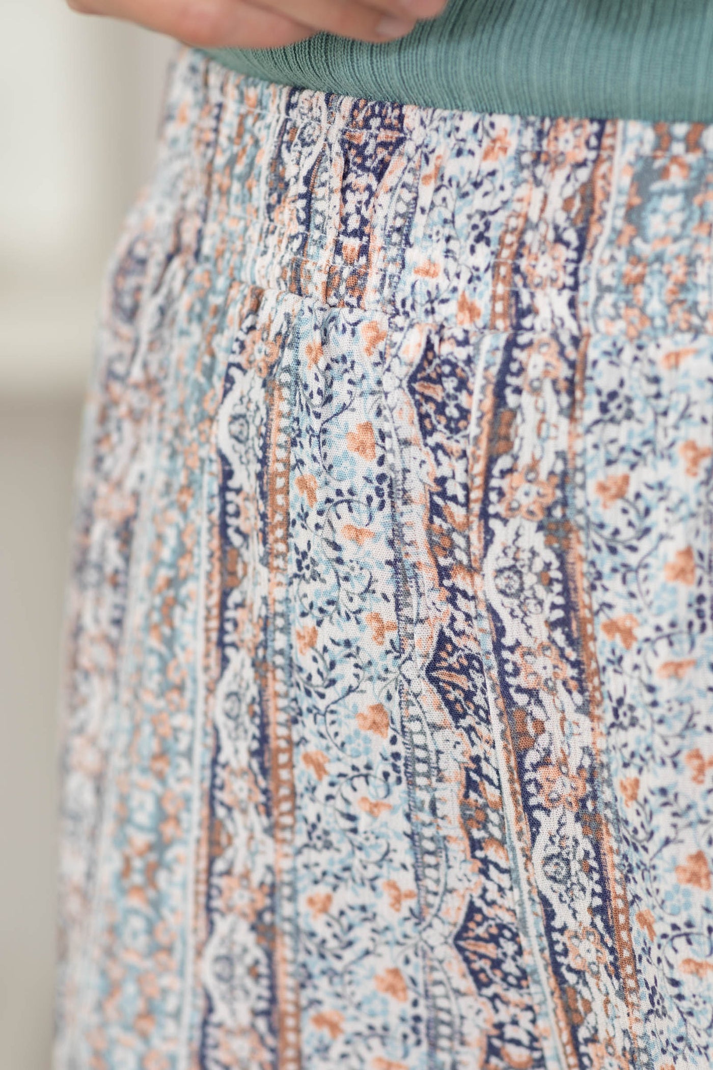 Navy Boho Printed Smocked Waist Pants