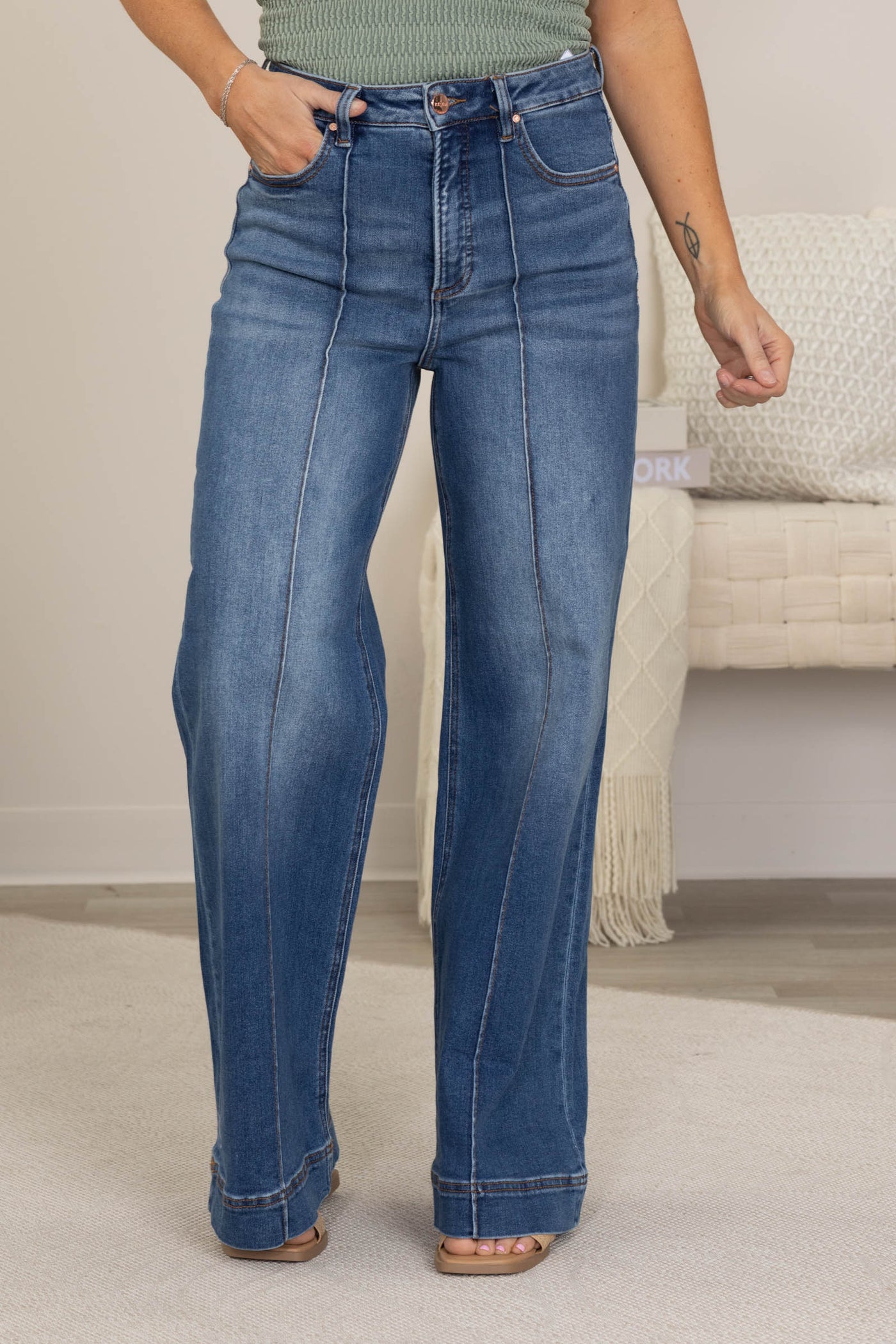 Risen High Rise Ankle Wide Front Pintuck Jeans
